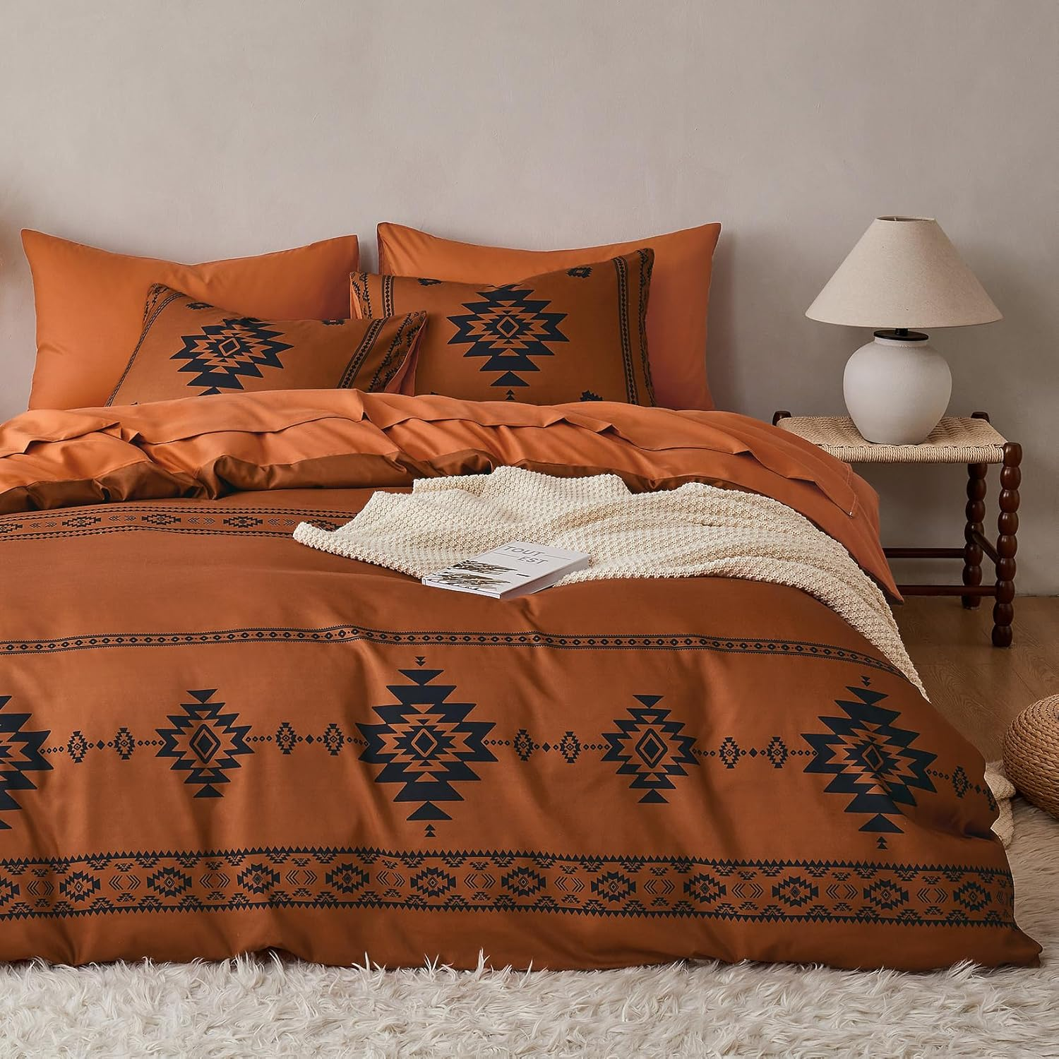 - Western Comforter Set, Boho Southwestern Farmhouse Style with Aztec Diamond Geometric Pattern, Soft Lightweight Bedding, 3 Pieces, Burnt Orange, King Size