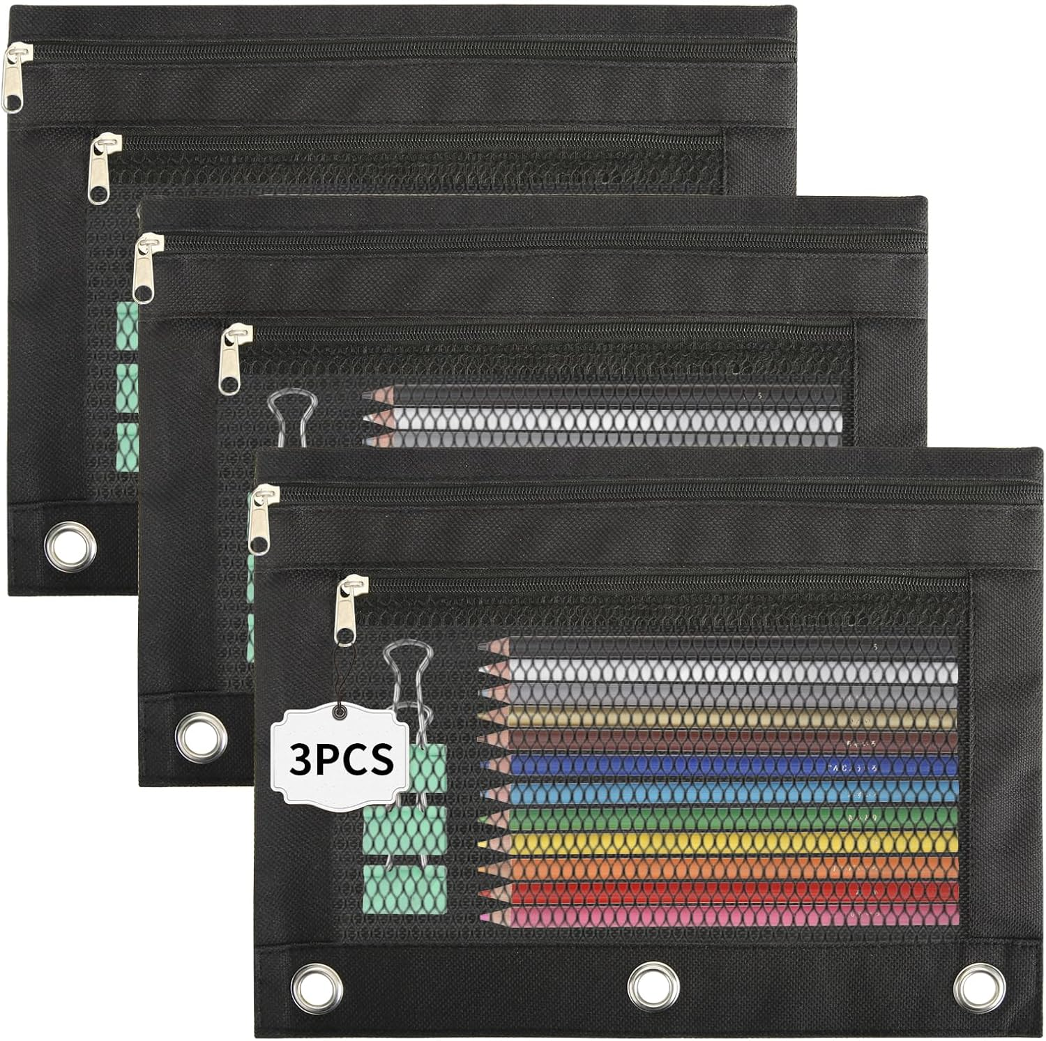 Pencil Pouch for 3 Ring Binder - 3 Pack Zippered Pencil Pouches with Transparent