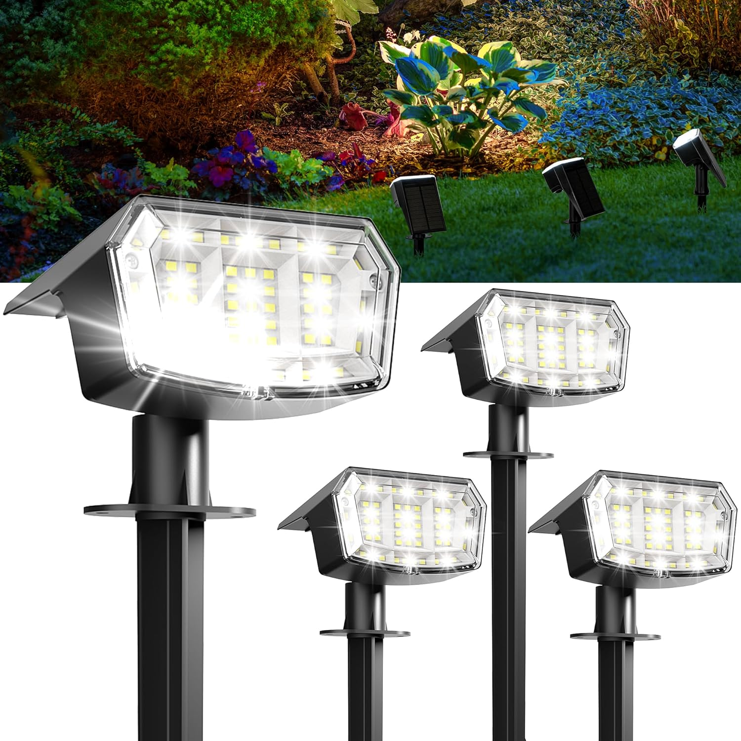 Solar Spot Lights Outdoor Waterproof 4 Pack IP65, 63 LED 3 Lighting Modes Spotlights for Yard House Garden Garage Pathway