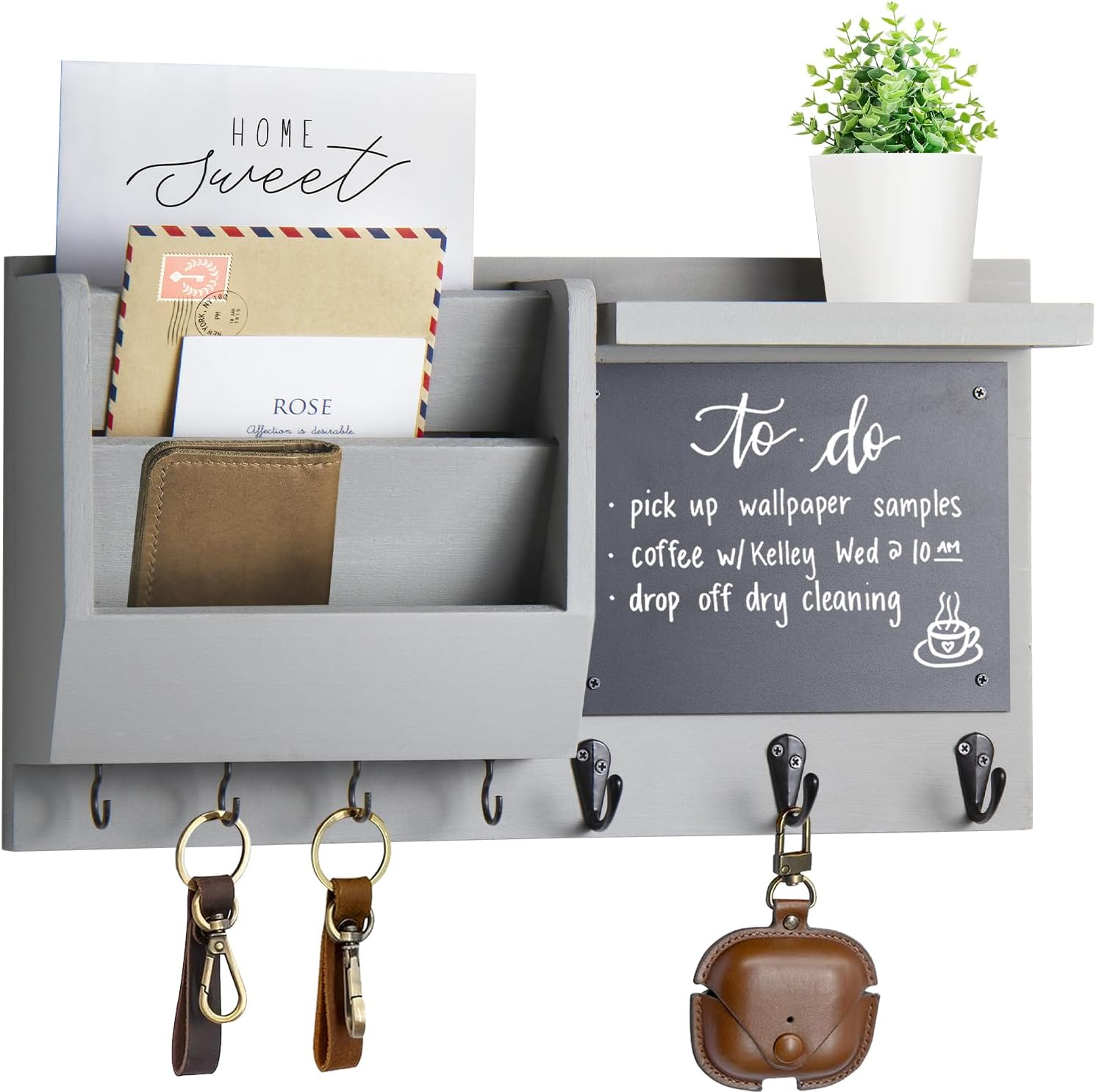 Key Holder for Wall - Mail Holder Organizer Wall Mount with Shelf - Hanging Key Rack Hanger with Hooks Decorative for Home Letter Dog Leash Entryway Living Room Decor