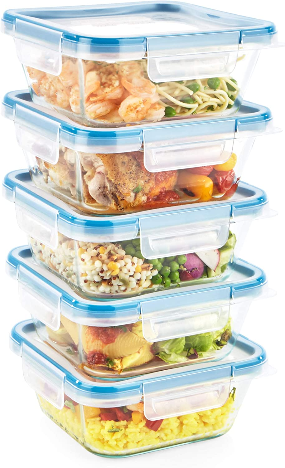 Glass Total Solutions (5-Pack, 4 Cup) Food Storage Containers Set, Airtight & Leakproof Plastic Locking Bpa-Free Lids, Freezer Dishwasher Microwave Safe