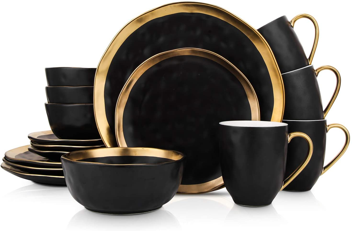 Modern Poreclain 16 Piece Dinnerware Set, Plates and Bowls Set, Dish Set for 4, Black and Golden Rim