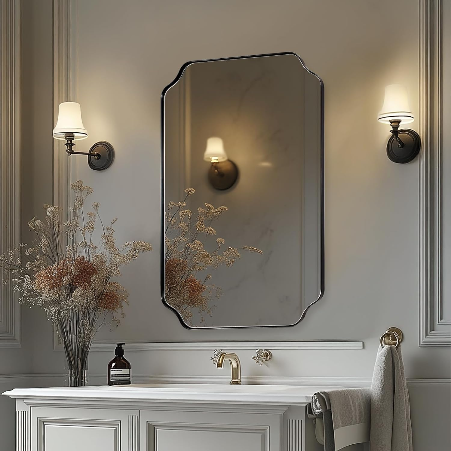 Black Bathroom Mirrors for over Sink, 24X36 Scalloped Mirror for Bathroom, Notched Corner Rectangle Mirror in 1’’ Stainless Steel Metal Frame Home Remodel Wall Mount Vertical/Horizontal
