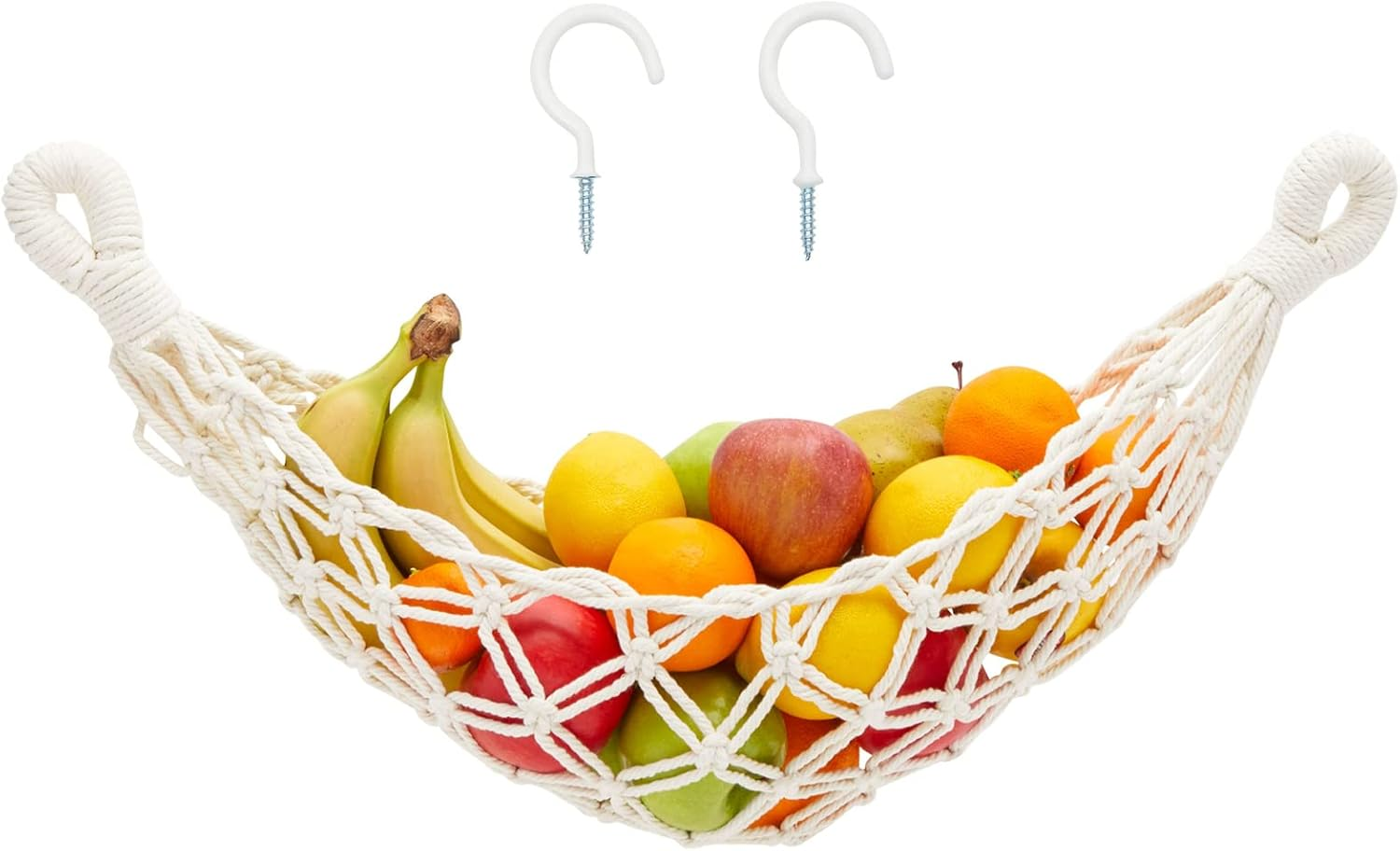 Macrame Fruit Hammock for Kitchen Under Cabinet with 2 Hooks, Hanging Net