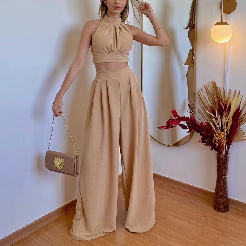 Fashion Casual Solid Style Two-Piece Suit Hanging Neck Slim Temperament High Waist Trousers Wrapped Chest Pressure Formal 2Pcs