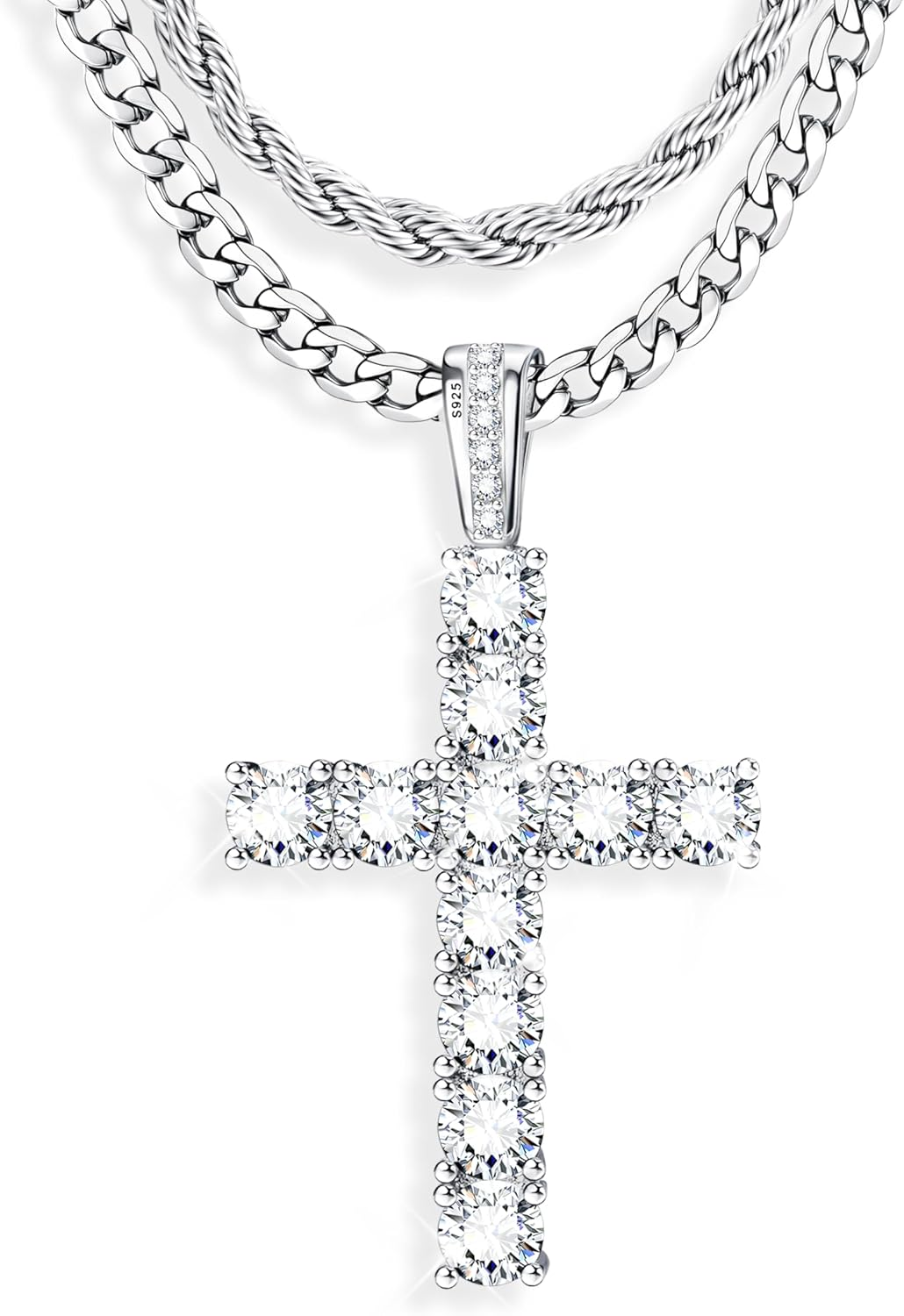 925 Sterling Silver Cross Necklace Men - CZ Cross Pendant Layered Necklaces Waterproof Stainless Steel Cuban Link Rope Chain Silver Necklace Stack Jewelry with Gift Box 16-30 Inches