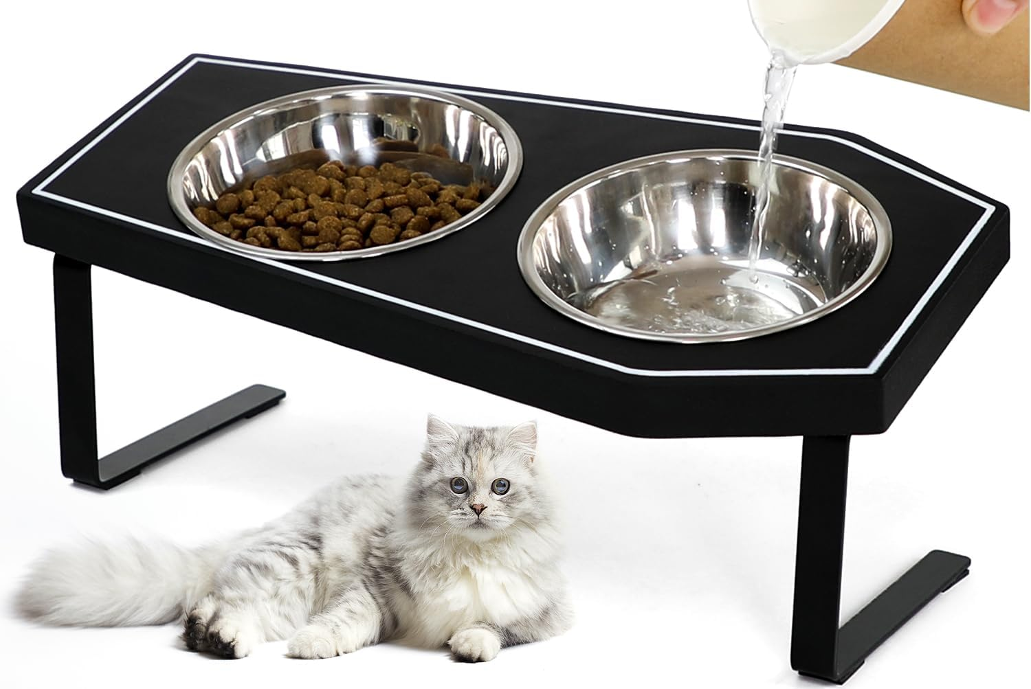 Raised Cat Bowls for Indoor Cats with Non-Slip Stand & Wood Board, Gothic Style