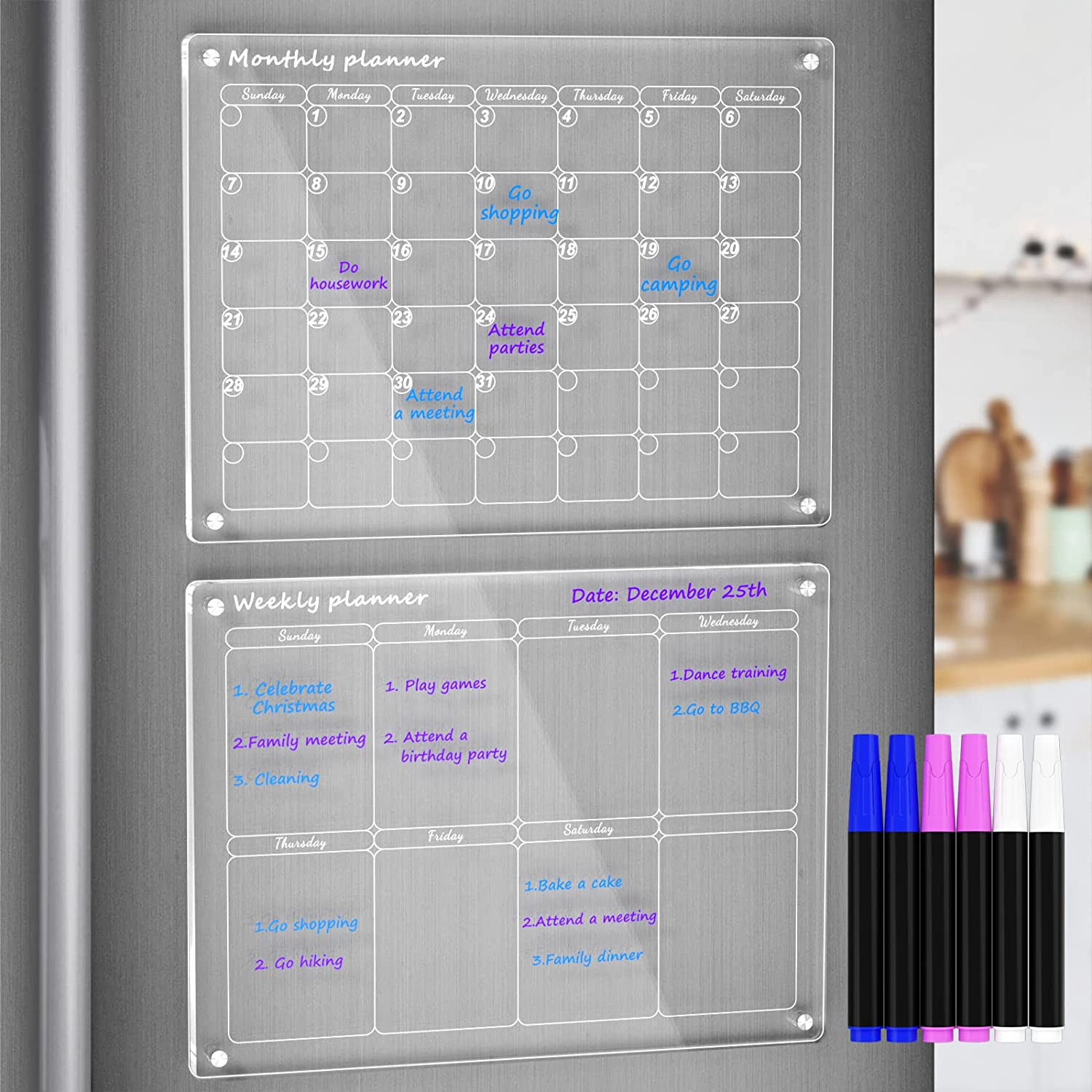 Acrylic Magnetic Monthly and Weekly Calendar for Fridge, Clear Set of 2 Dry Erase Board Calendar for Fridge Reusable Planner, Includes 6 Dry Erase Markers with 3 Colors(16