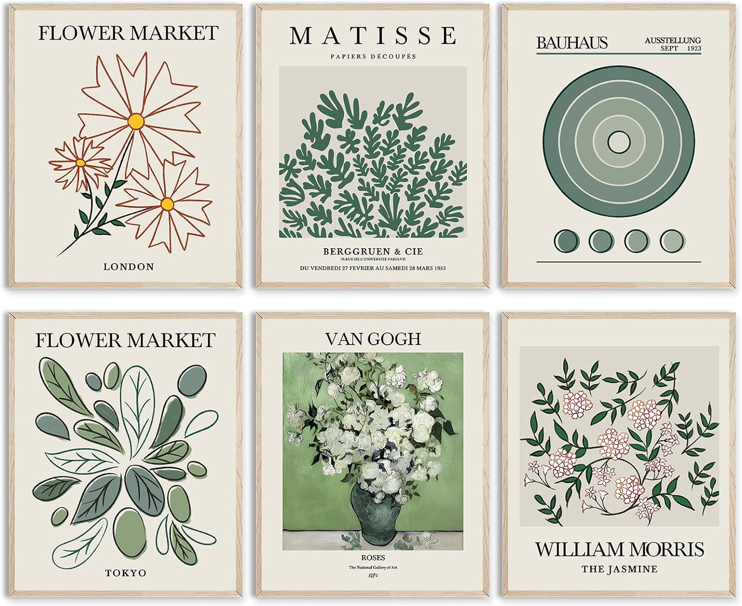 Minimalist Boho Wall Art Set of 6, Flower Market Prints, Neutral Sage Green Botanical Wall Decor for Bedroom Living Room Bathroom, Modern Abstract Aesthetic Posters Unframed, 8x10inch