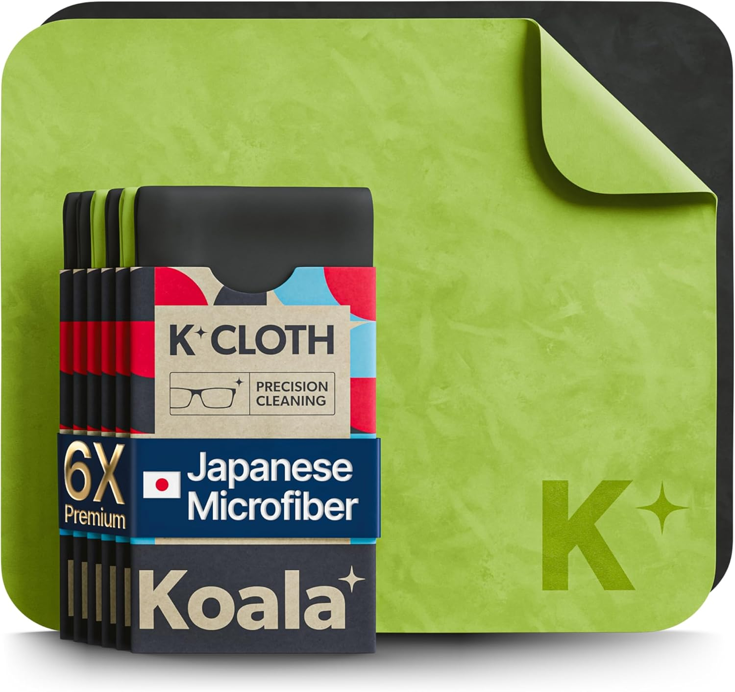 Koala Lens Cleaning Cloth | Japanese Microfiber | Glasses Cleaning Cloths | Eyeglass Lens Cleaner | Eyeglasses, Camera, VR/AR Headset, and Screen Cleaner | Black & Green (Pack of 6)