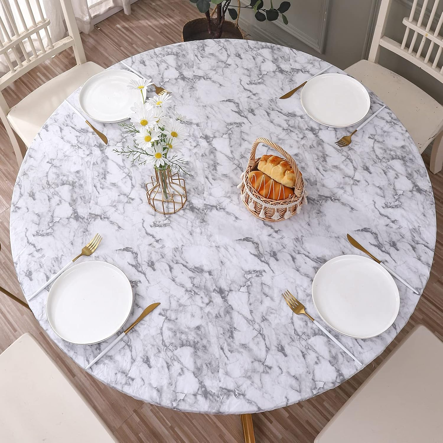 Round Vinyl Fitted Tablecloth with Flannel Backing Elastic Edge Design Table Cover Waterproof Oil-Proof PVC Table Cloth Stain-Resistant Wipeable for round Table