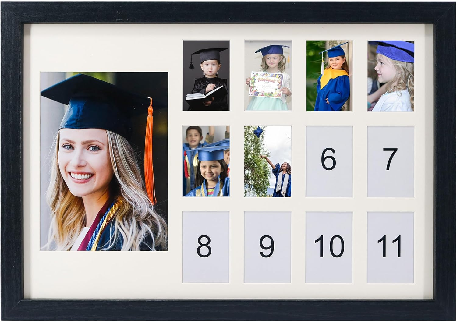 School Days Photo Frame K-12 School Years Picture Frame Graduation Photo Collage Black Horizontal Frame with Mat, Displays One 5X7 Photo and Twelve 2X3 Pictures