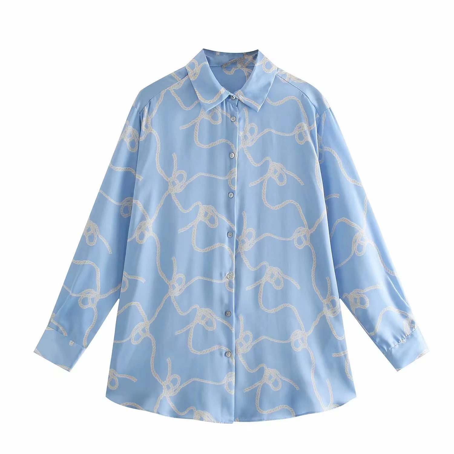 Women'S Chic Tops New Printed Satin Texture Blouse Shirts with Long Sleeves Button Decoration Sweet Crocheted Style MOQ 2Pcs