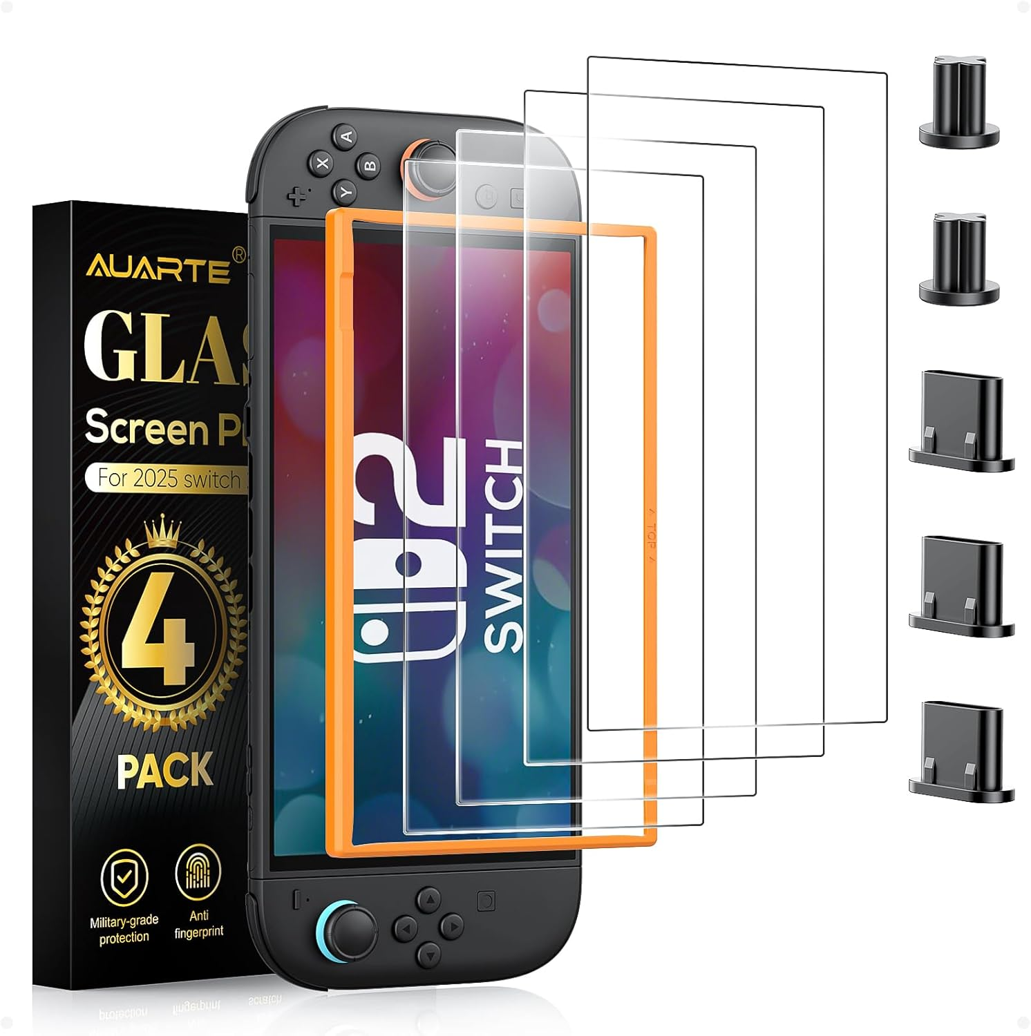 Auarte [5 Dust Plug] 4 Pack Screen Protector for Nintendo Switch 2 Console 2025 with Alignment Frame, HD Clear Tempered Glass Skin Accessories for Nintendo Switch 2 Screen Protector, 7.9 Inch