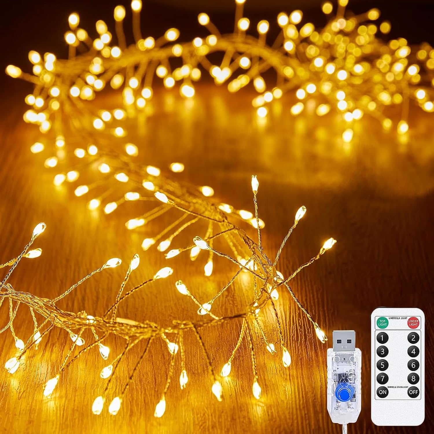 KINGCOO Cluster Fairy Lights with Remote, Waterproof 9.8FT 100LED Silver Wire Firecracker Garland String Lights USB Powered for Outdoor Indoor Bedroom Wedding Christmas Party Decoration (Warm White)