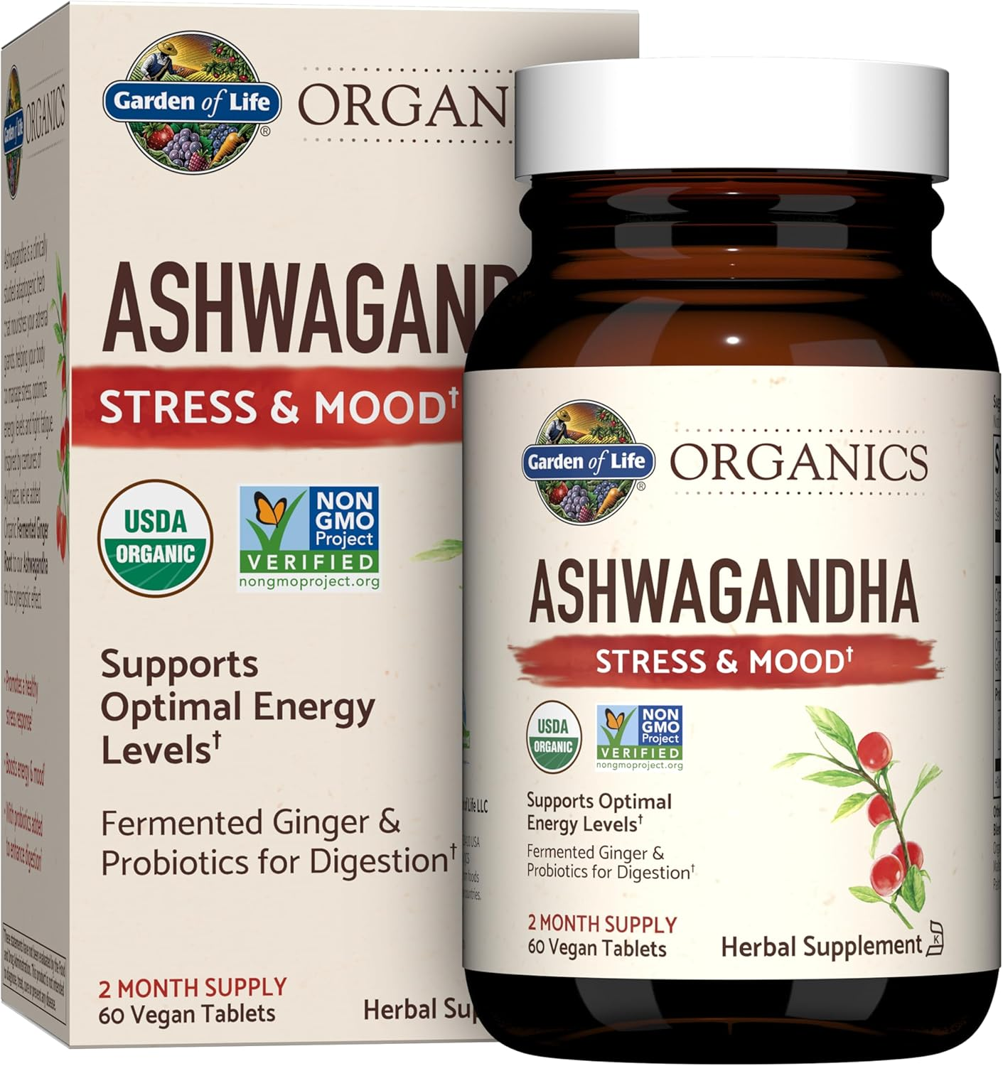 Organic Ashwagandha Supplement with Probiotics & Ginger - Stress, Mood & Energy Support, Vegan, Gluten Free, Non GMO, 2 Month Supply, 60 Tablets