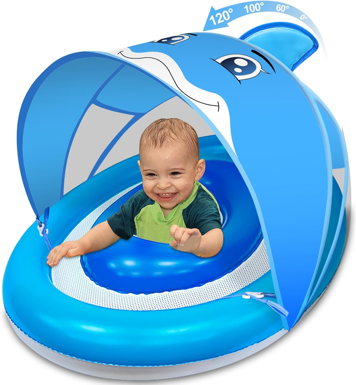 Dolphin Baby Float with Canopy for Age 6-36 Months UPF 50+ Sun Protection Never Flip over Dual Air Chambers Adjustable Safety Seat 4 Stage Adjustable Canopy Inflatable Swim Pool Float Toddler Infant