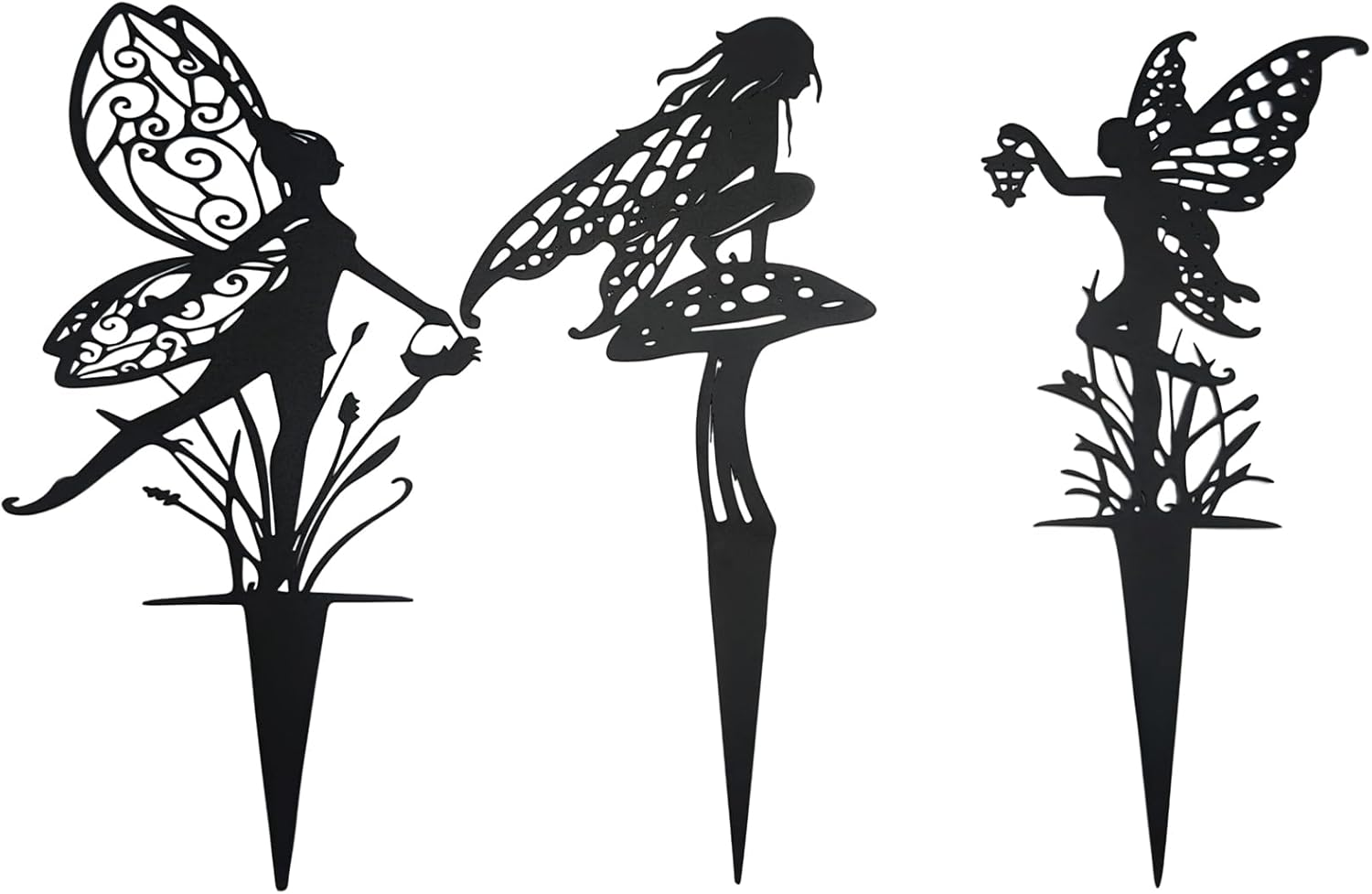 Decorative Garden Stakes Fairy Garden Statues Metal Weather Resistant 3 Piece Outdoor Decorative Set Black (3)