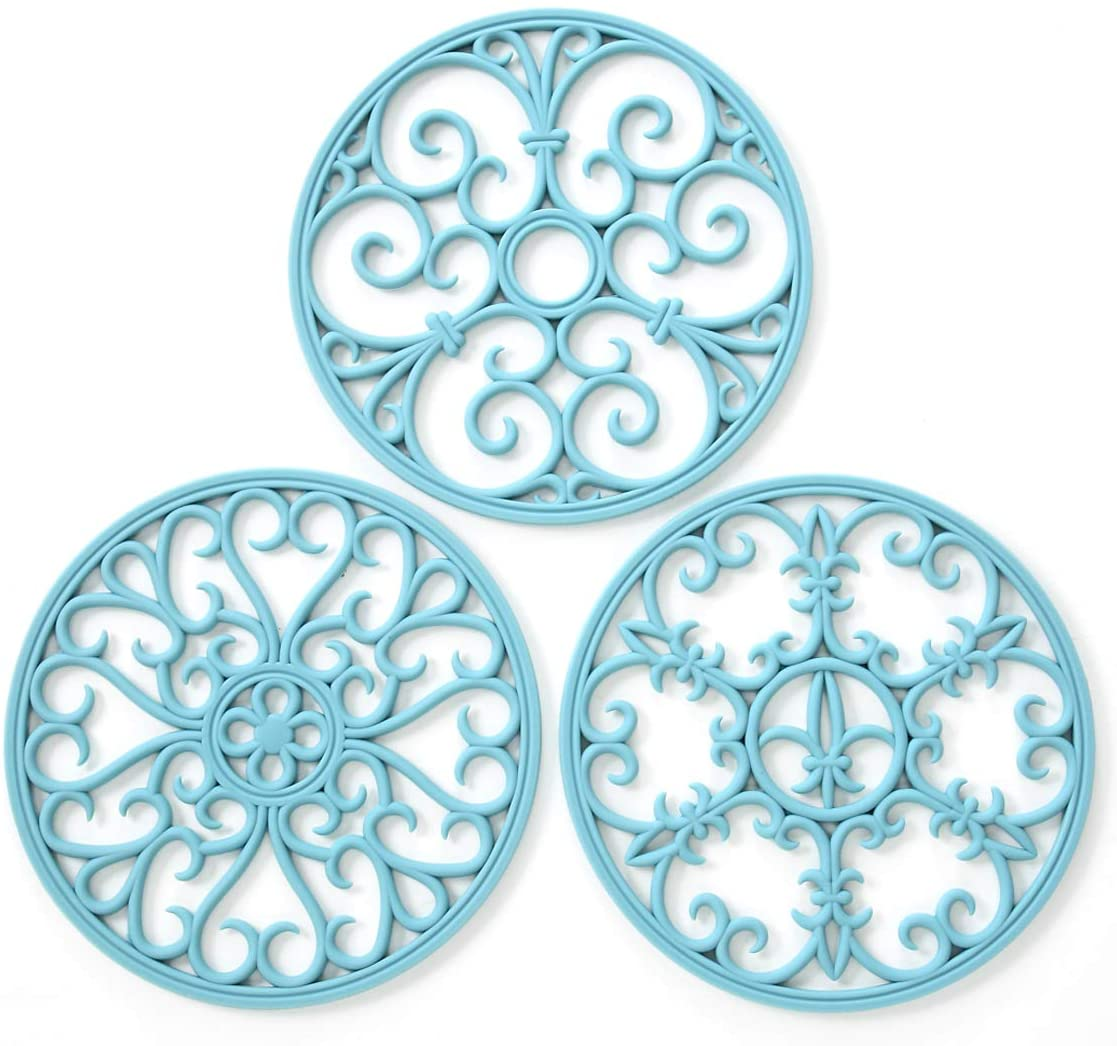 Silicone Trivet Mat - Non-Slip & Heat Resistant Kitchen Hot Pads for Countertops & Table - Kitchen Trivets for Hot Dishes & Cookware - Hot Pot Holder for Pots & Pans - Turquoise,Set of 3