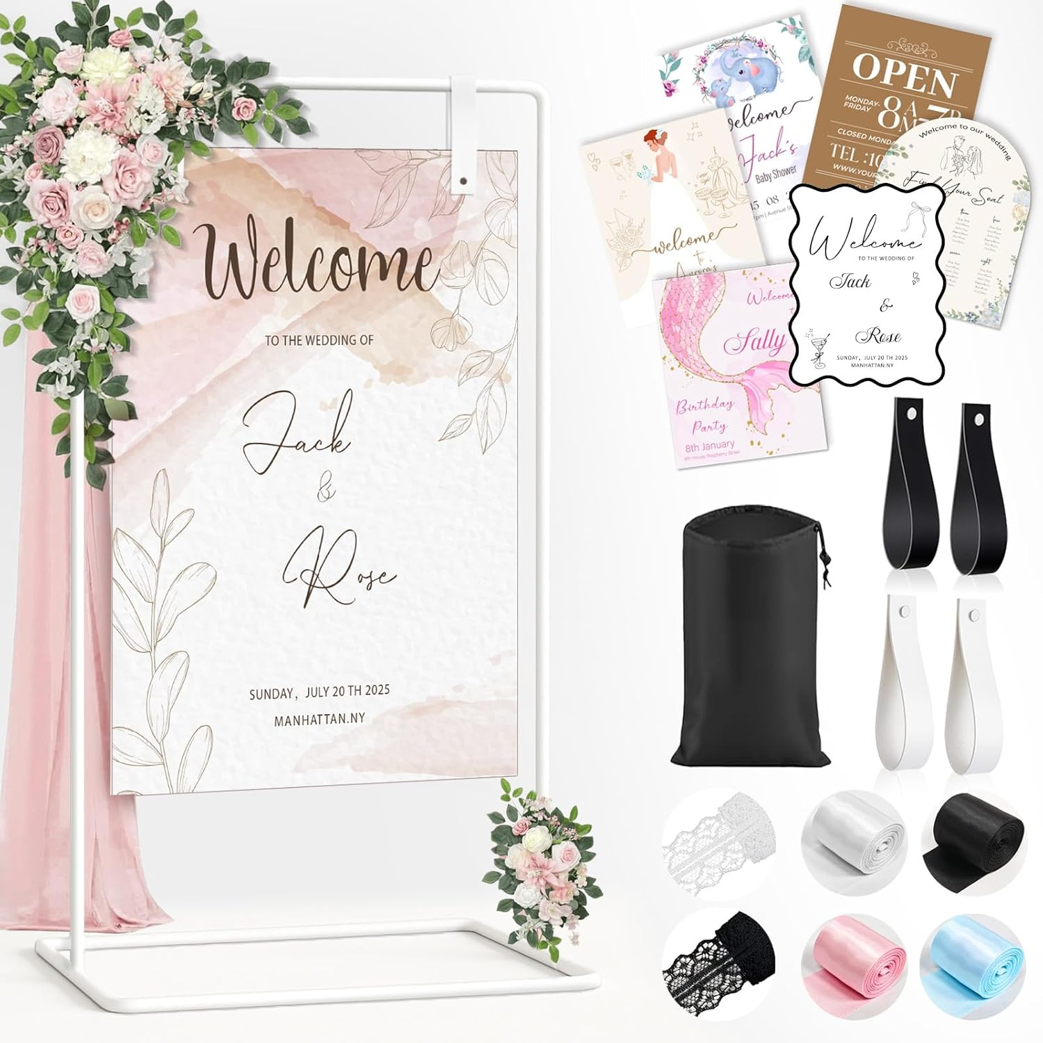 Elegant Wedding Welcome Sign Stand with Design Bundle and Hanging Straps