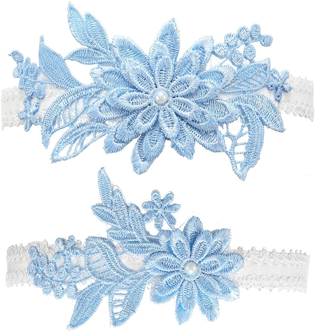 Wedding Garters Set Lace Bridal Garter Stretchy Floral Garter for Bride Blue White