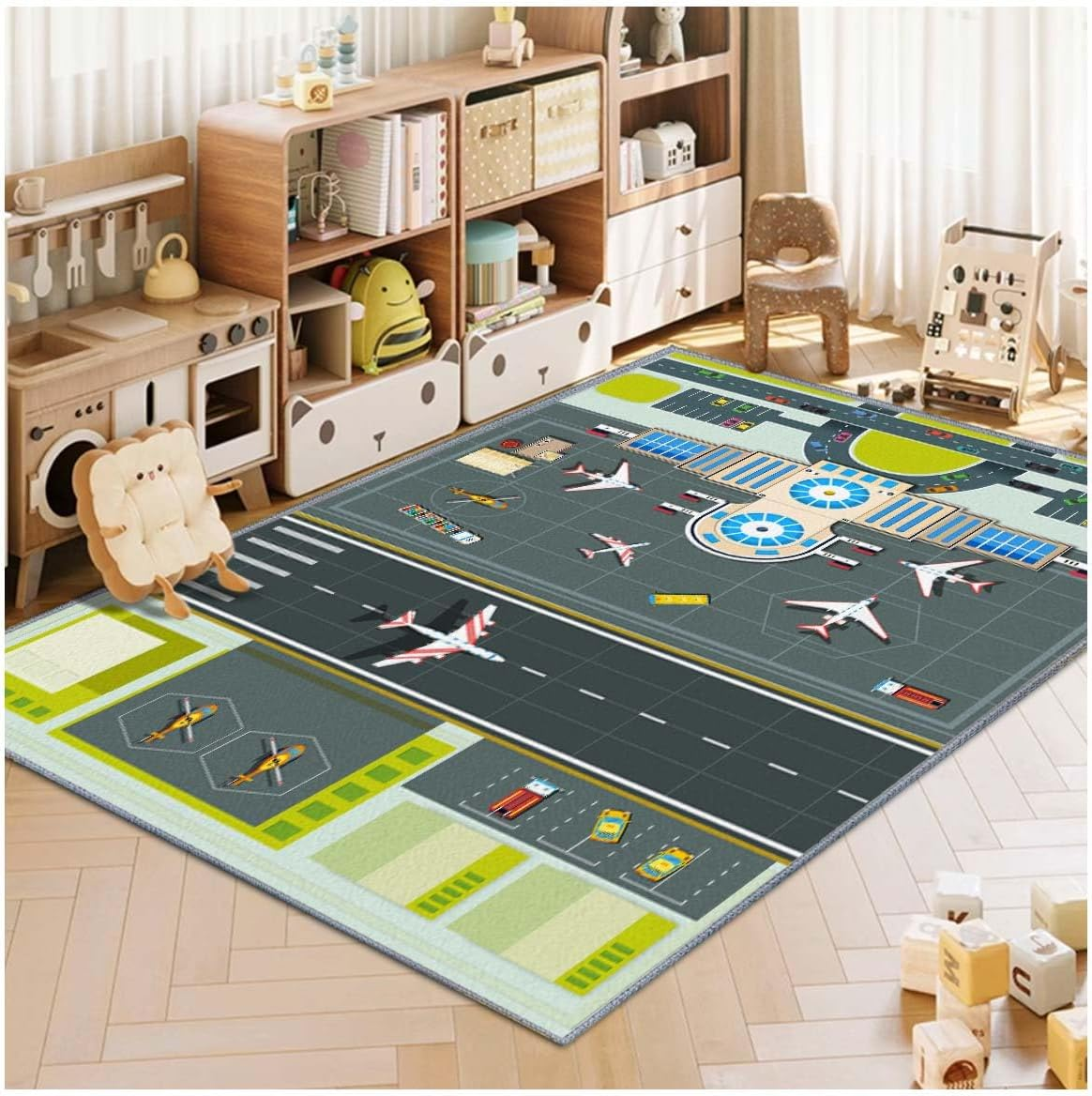 Kids Rug,Children'S Room Rug, Fun Airport Kids Play Mat,Aerodrome Traffic System Playmat Carpet, Rail City Living Carpet, Washable Non-Slip Children'S Mat (Airport, 31X47In)