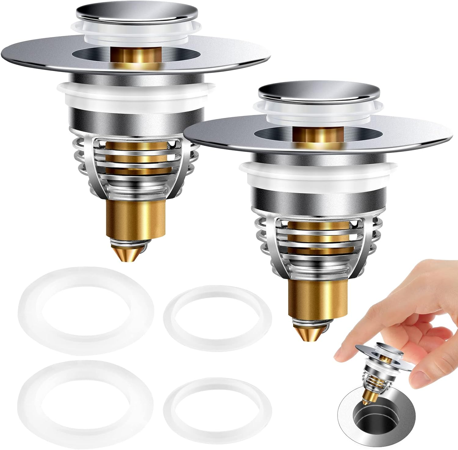 2 Pack Universal Bathroom Sink Stopper, Strainer for 1.1-1.5 Inch Bullet Core Push Type Basin Pop up Drain Filter,Bathtub Converter with anti Clogging Basket Hair Catcher