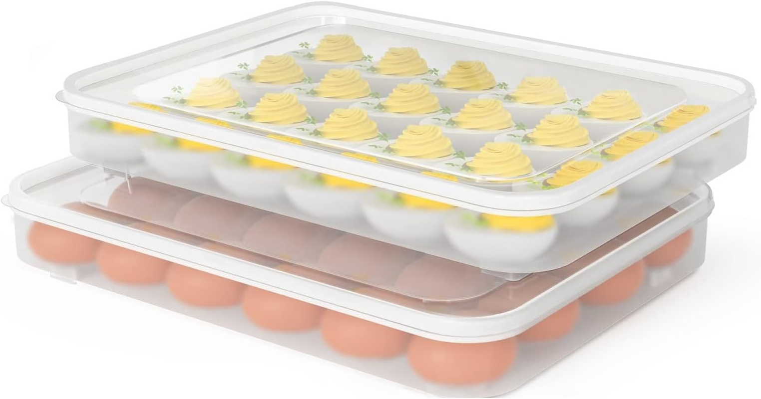 Deviled Egg Containers with Lid, (Set of 2), Plastic Egg Holder for Refrigerator for 48 Eggs, Clear Storage Deviled Egg Carrier Tray, Fridge Stackable Countertop Portable Egg Dispenser