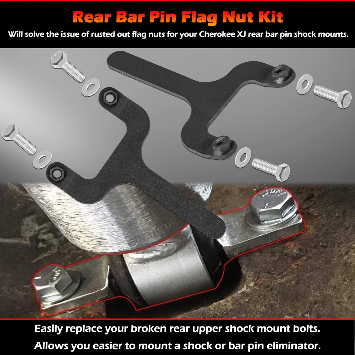 Rear Bar Pin Flag Nut Kits for Jeep Fix Rear Upper Shock Mount Suitable for 1984-2001 Cherokee XJ-1082 4WD 2WD (Black, 2-Set)