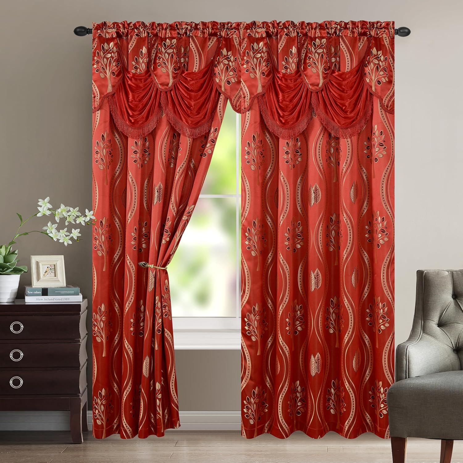 Cortinas roja Para Sala Elegantes Con Cenefas De 2 Paneles 54 X 84 Modernas Set