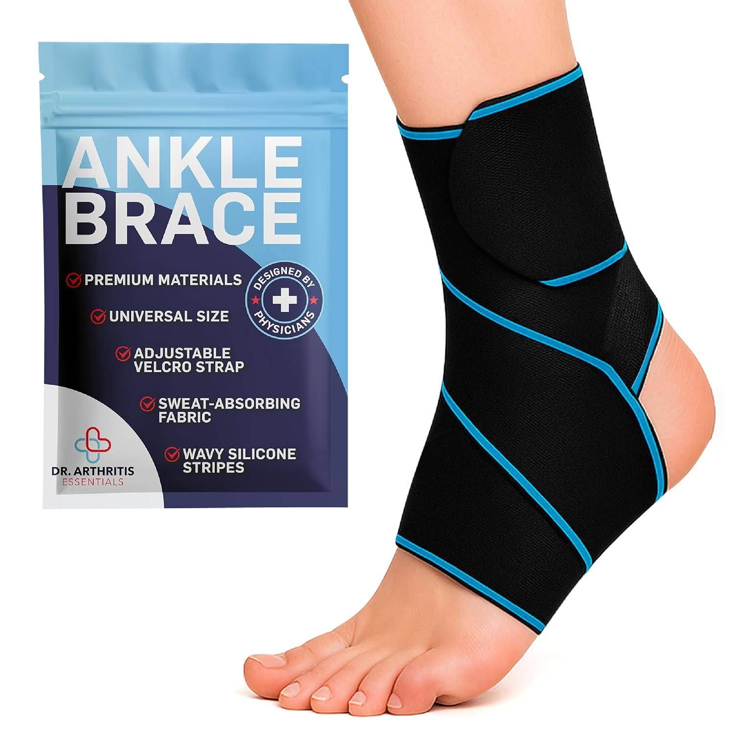 Dr. Arthritis Essentials Ankle Brace Support for Women & Men, Tendonitis, Achilles Injuries, Running, Basketball & More, Fits Left & Right Foot (Blue Single)