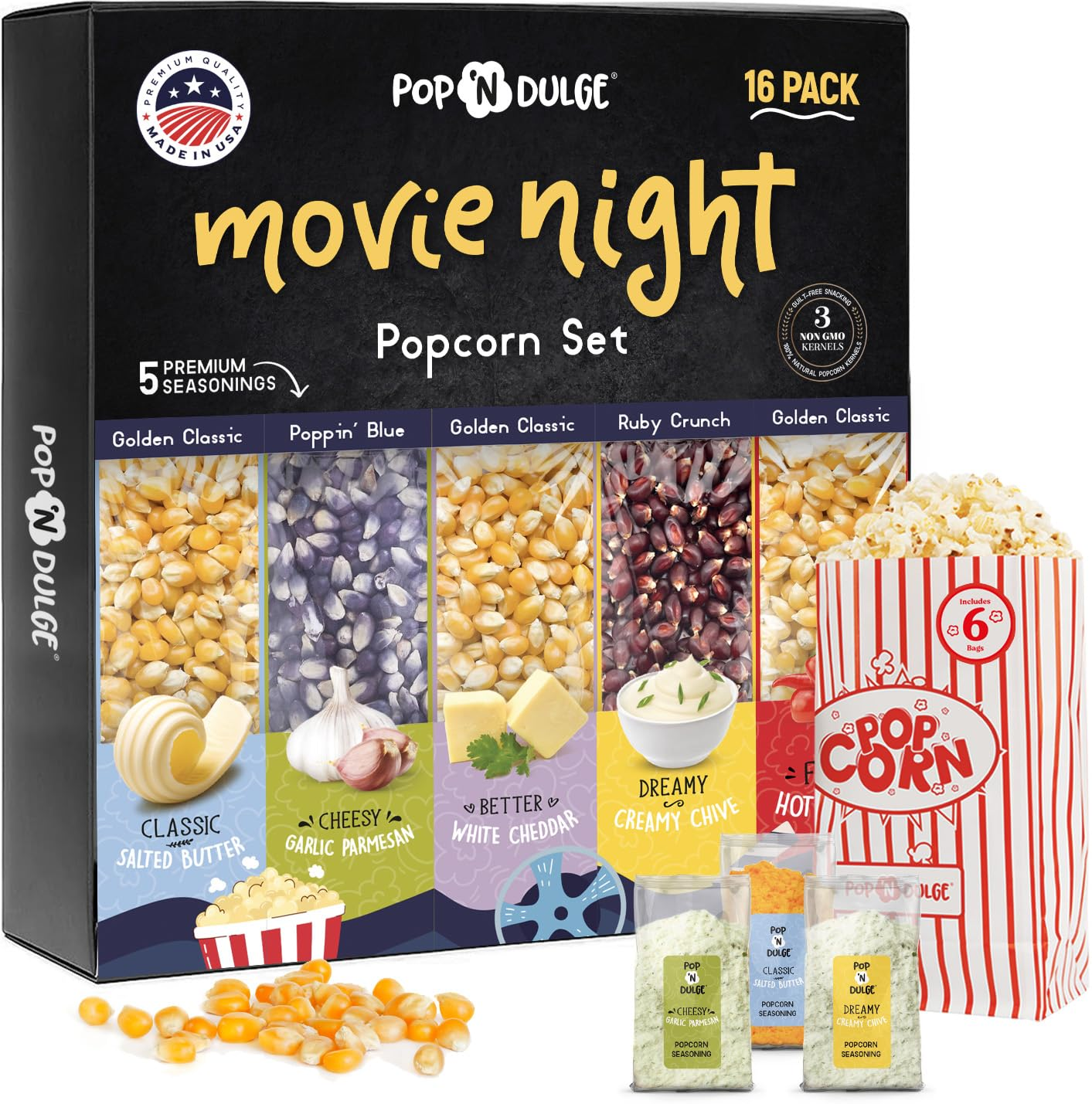 Popcorn Movie Night Supplies 16 pcs Gift Set, 5 Gourmet Popcorn Kernels, 5 Seasoning Variety Packs Non-GMO Kosher Snacks, Great Housewarming Family Date Night Gifts Basket Ideas For Him Her