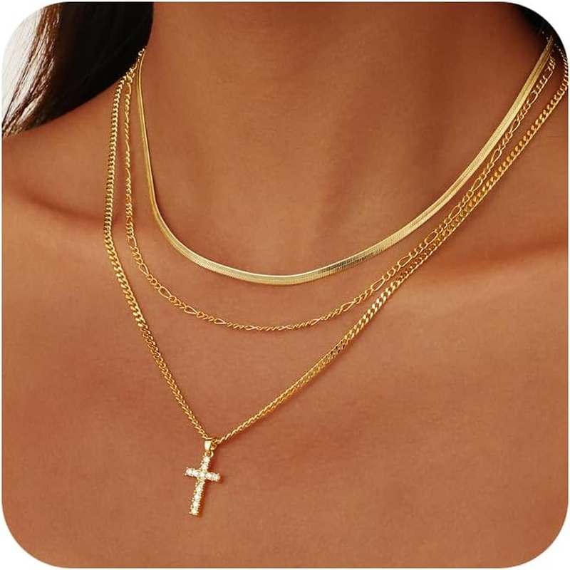 Layered Gold Cross Necklaces for Women, Stack Stackable Chunky 14K Gold Plated Cubic Zirconia Pendant Necklace Set Dainty Choker Layering Faith Jewelry Religious Gifts for Women
