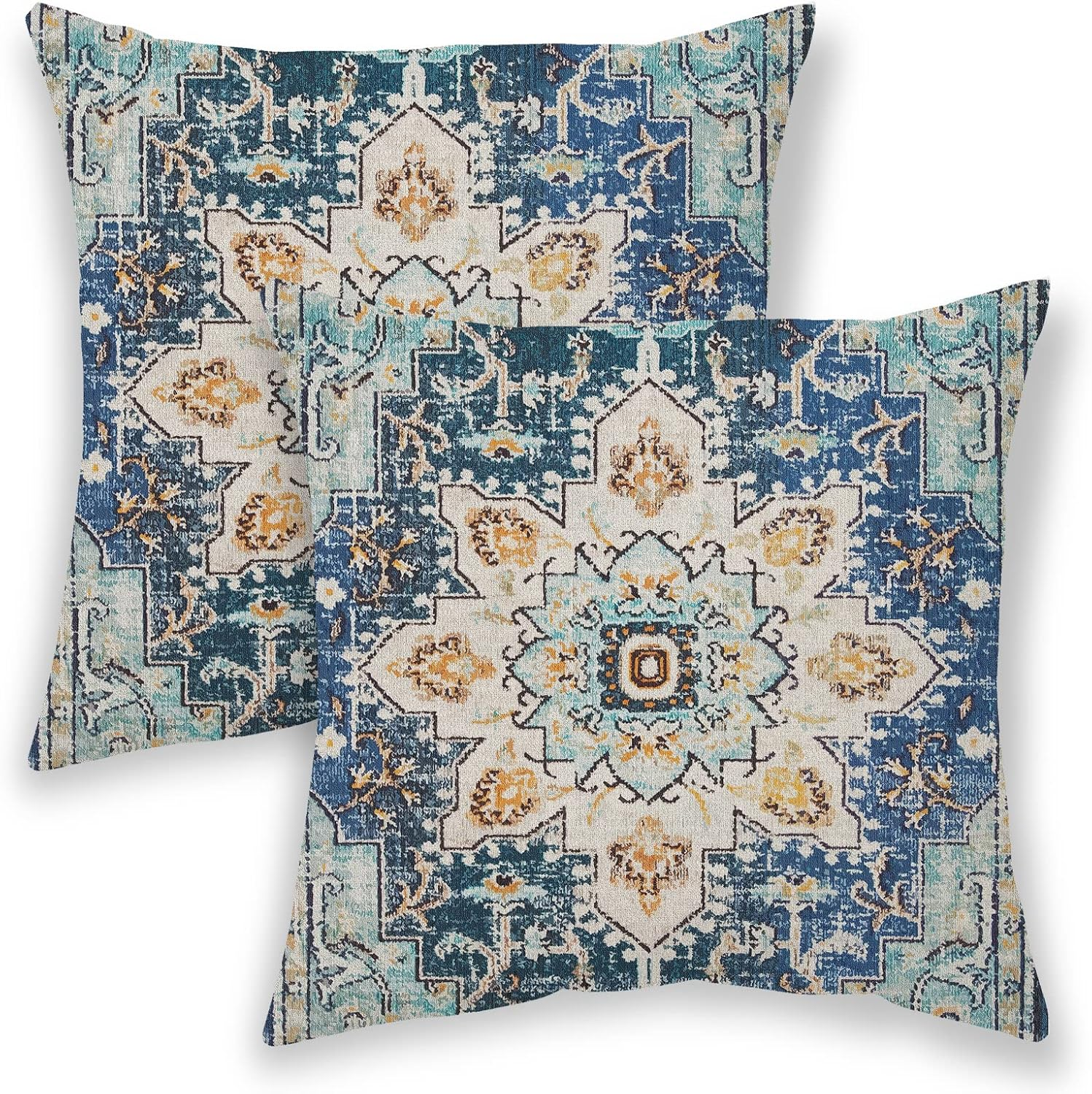 Boho Pillow Covers 18x18, Blue and Teal Ethnic Design Outdoor Decorative Throw Pillows for Couch, Carpet Pattern Decor Cushion Cover 2 Pcs Farmhouse Linen Pillowcase for Bed Car Safa