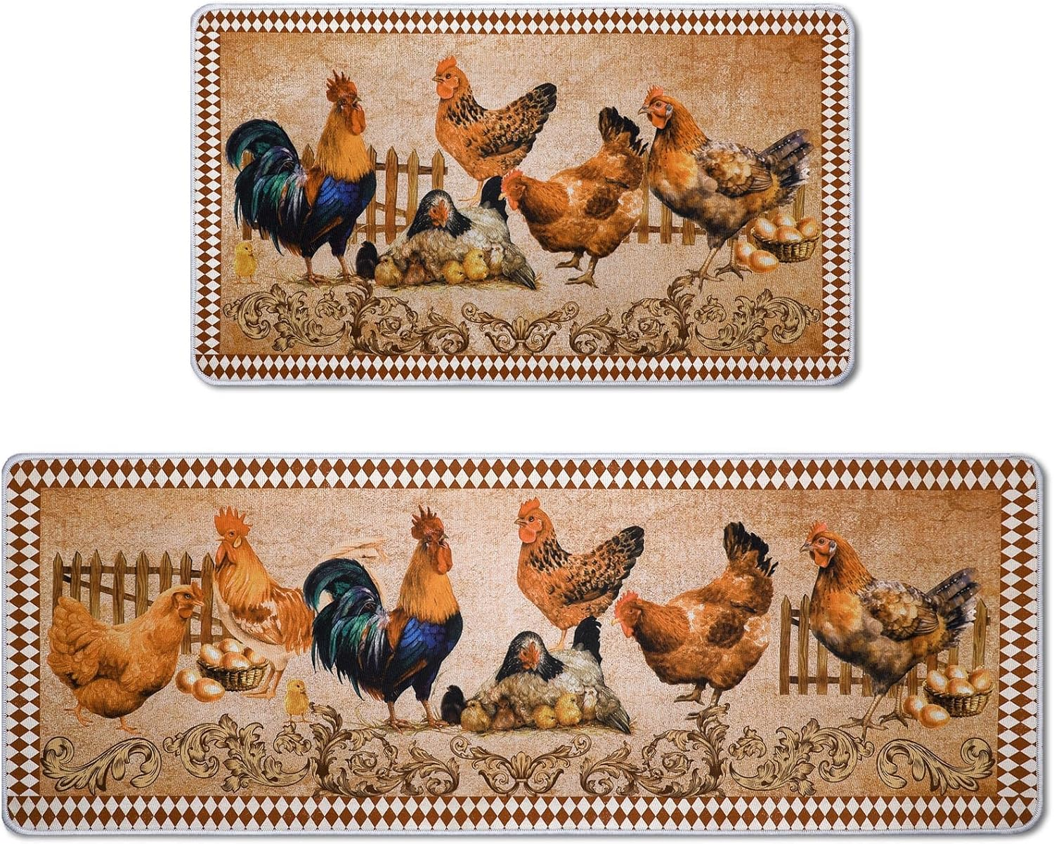 Farmhouse Rooster Kitchen Rugs Set, Non-Slip & Washable, 2 Pcs