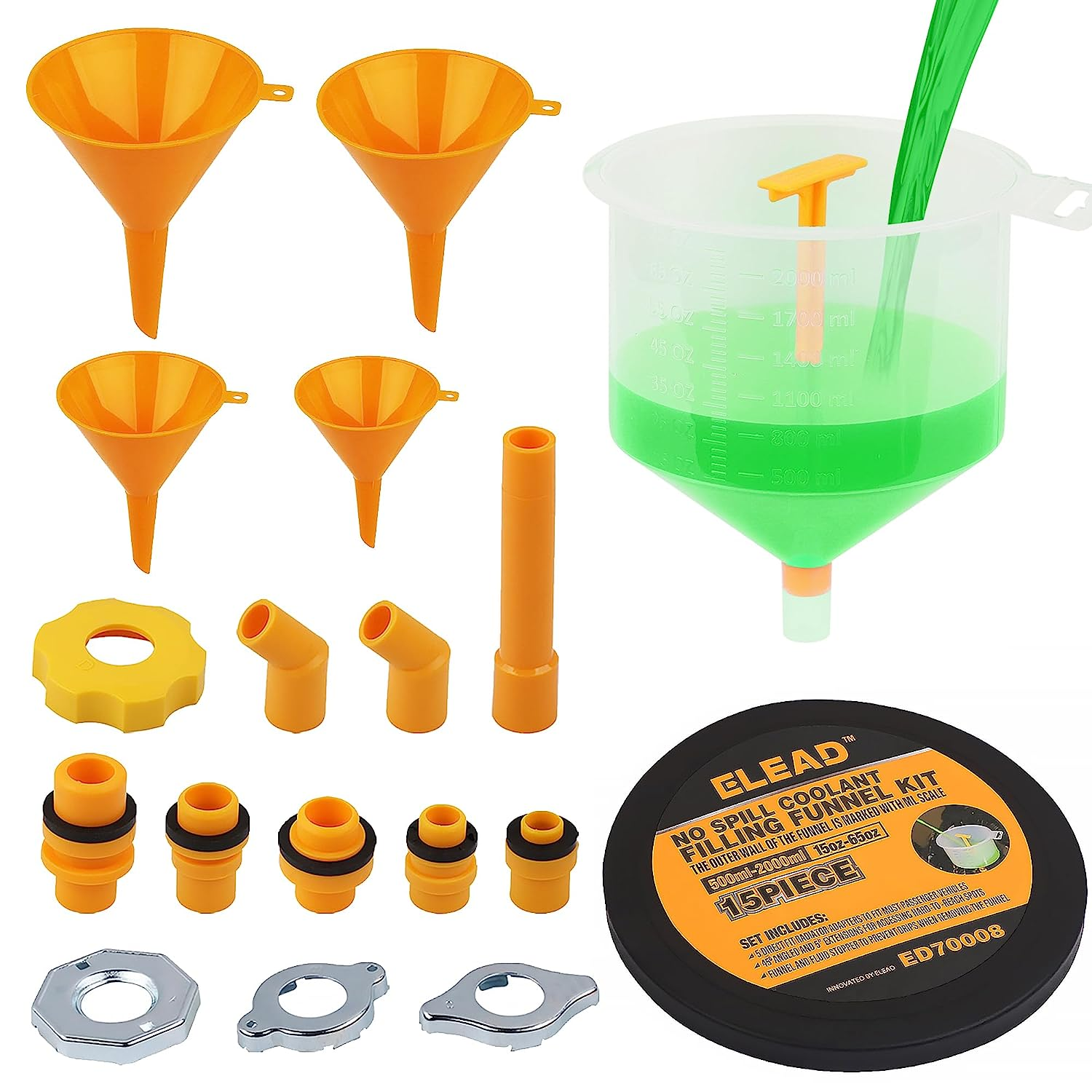 ELEAD 19 PCS No-Spill Coolant Funnel Kit Radiator Funnel Burping Kit Funnels for Filling Bottles Universal Fitment Aplicable to Any Vehicle Funnels for Automotive Use 4PCS round Kitchen Funnel