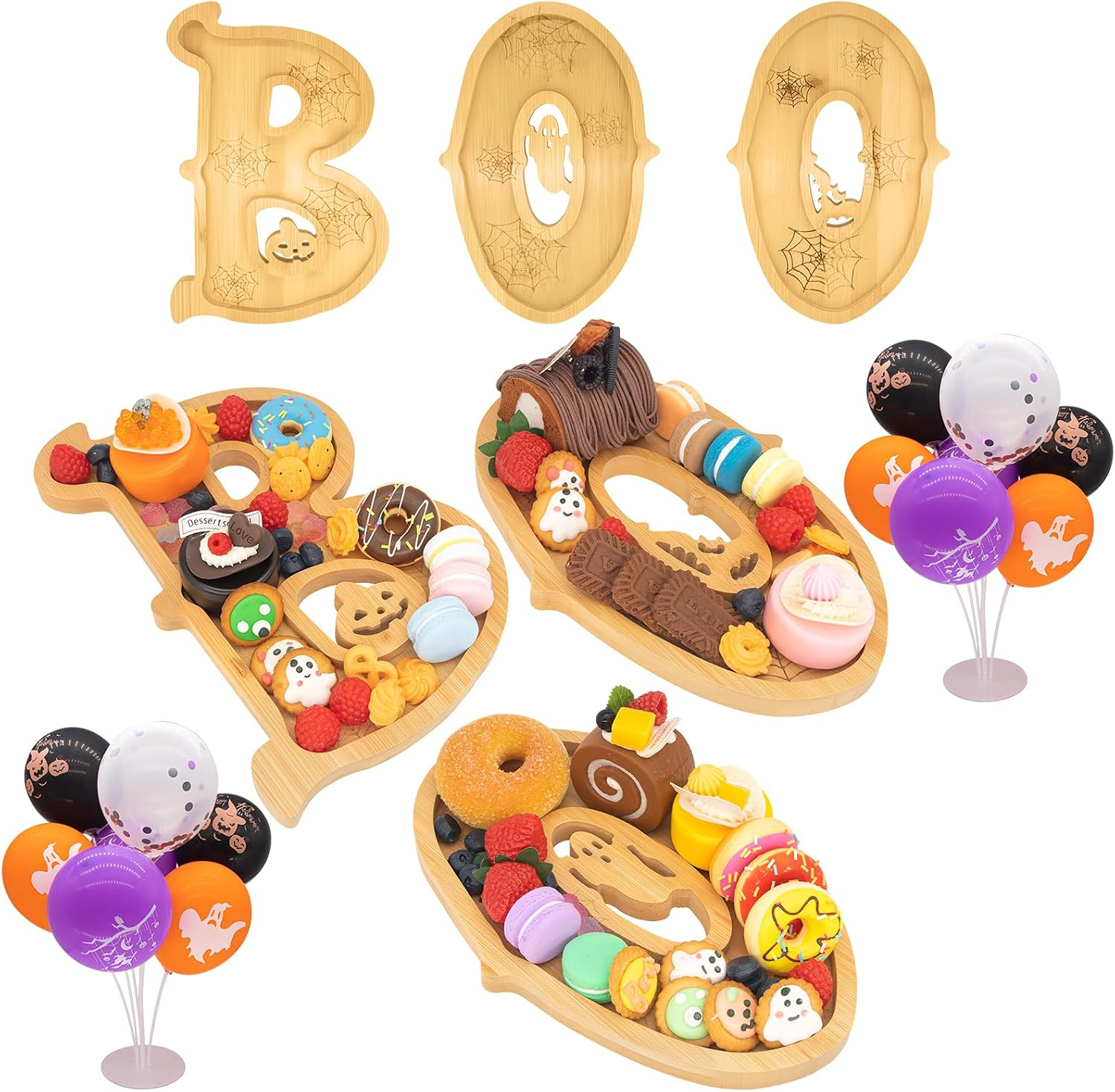 3PCS Wooden Halloween Charcuterie Board Set - Boo Letters (With 14 Balloons) - Halloween Party Table Decoration & Food Tray Platter
