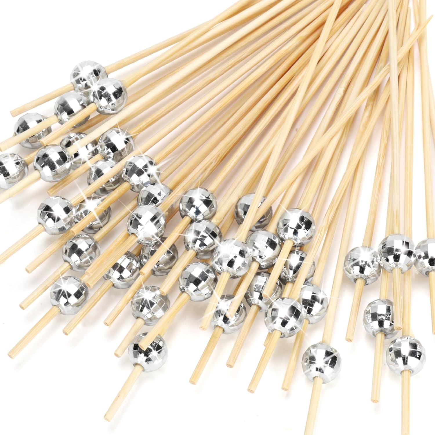 100PCS Disco Ball Cocktail Picks Decorative Toothpicks Appetizers Bamboo Skewers