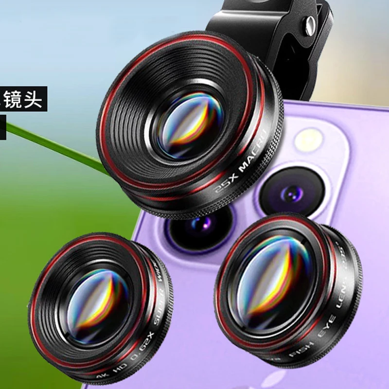 Mobile phone external lens 120 ° wide-angle/25X microspur/235 ° fisheye camera lens with lens clip
