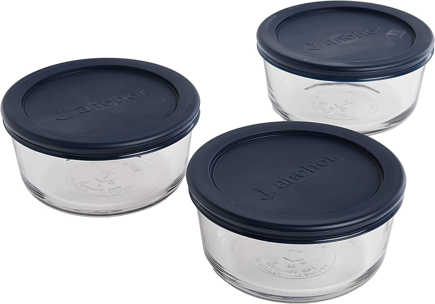 Anchor Hocking round Glass Food Storage Containers with Blue Snugfit Lids, (BPA Free, Glass Tempered Tough for Oven, Microwave, Fridge, and Freezer), Clear Glass, Blue Lids, 2 Cup (Set of 3)