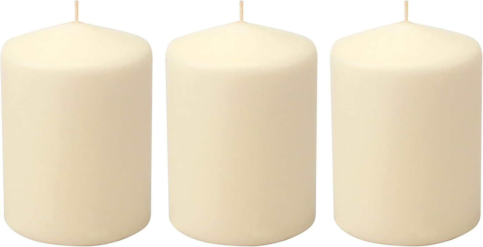 3 Pack Tall 3 X 4 Inch 35 Hour Long Burning Unscented Ivory Wax Pillar Candles