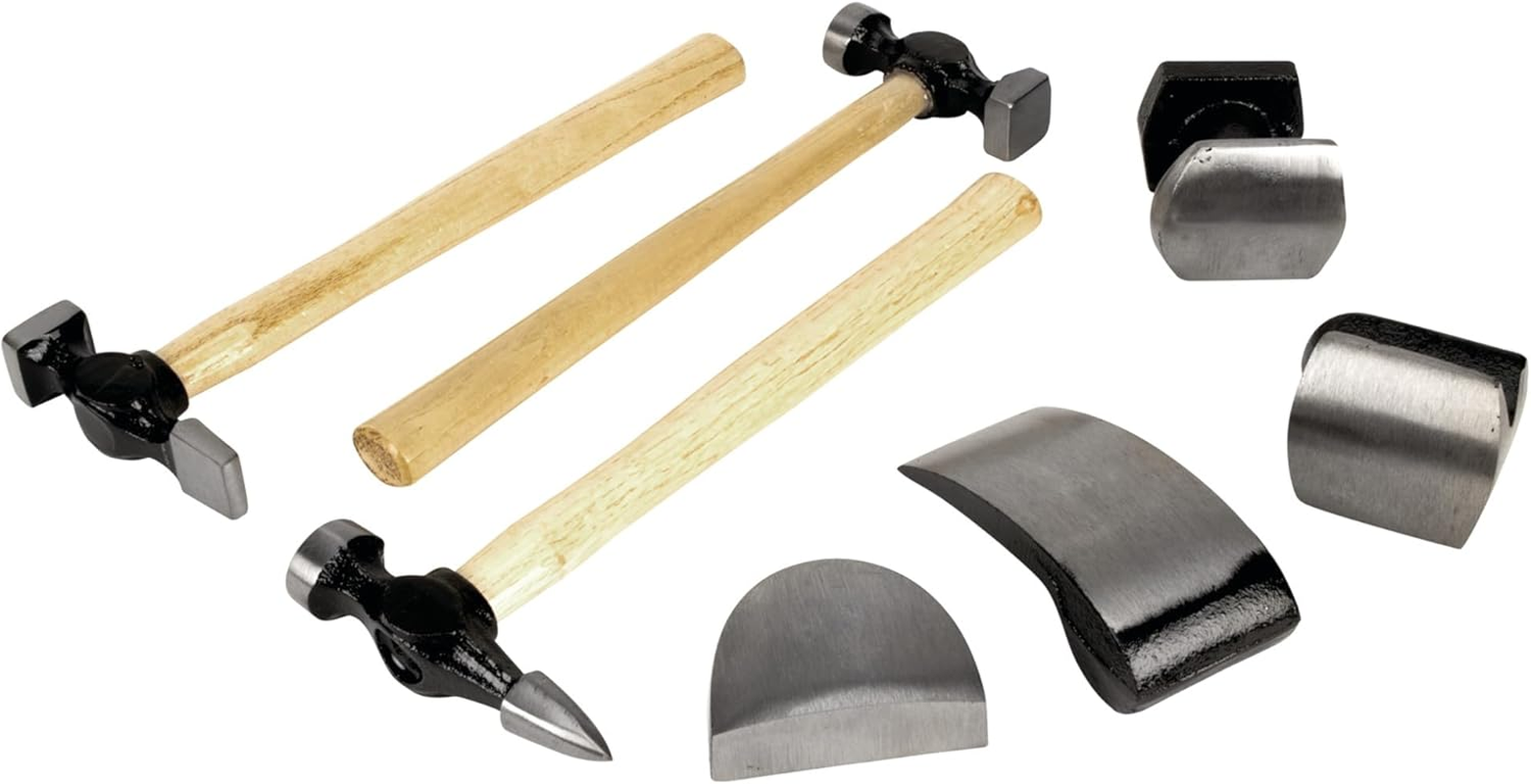 W1007DB 7-Piece Auto Body Repair Kit with Carbon Steel Hammer Heads and Dollies on Wood Handles