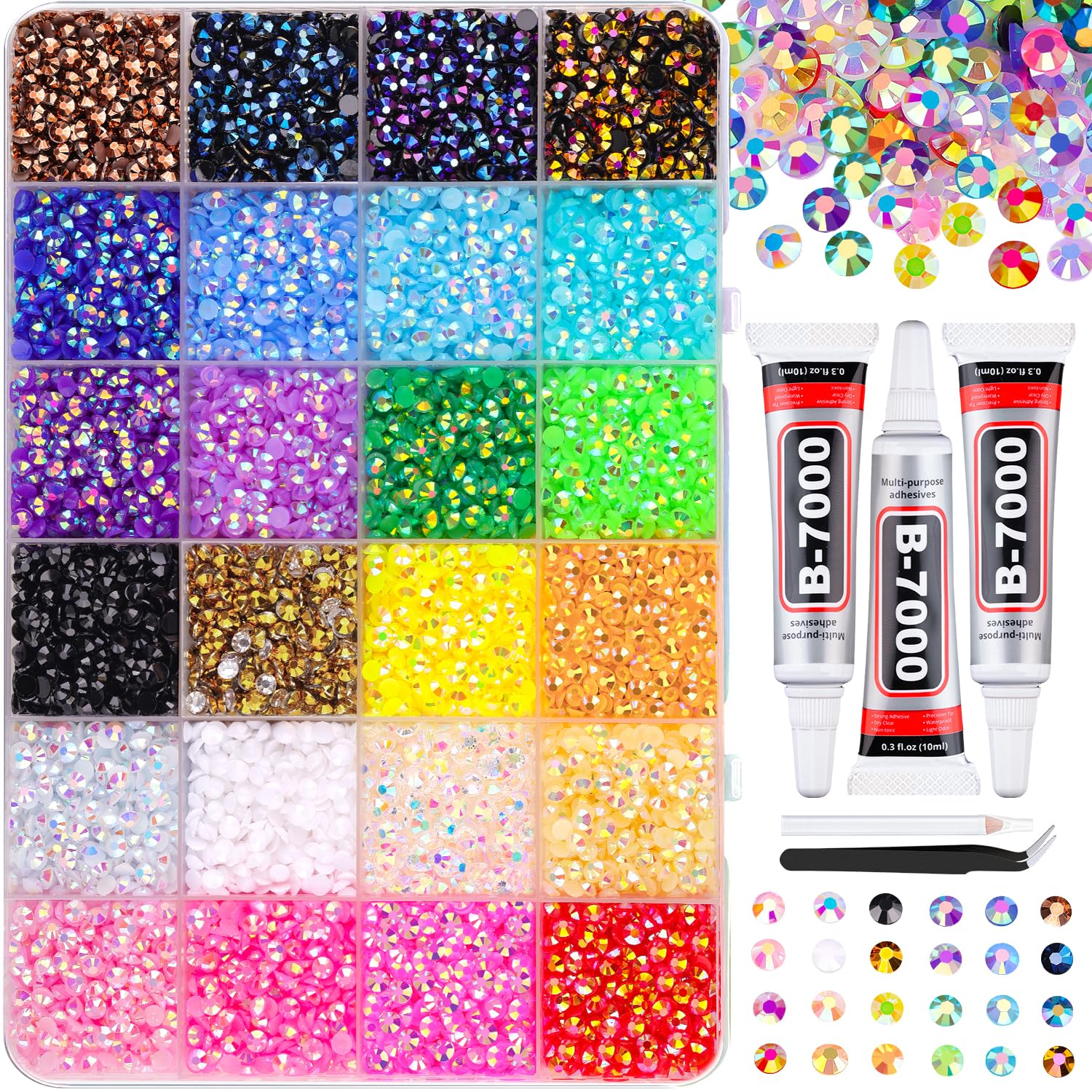 24000Pcs Resin Jelly Rhinestones for Crafting, Mixed-Color 3Mm Flatback Gems for Diamond Art, Bedazzling Crystal with 3Pcs 10Ml B7000 Jewelry Glue for DIY Crafts Clothing Shoes Nail Art