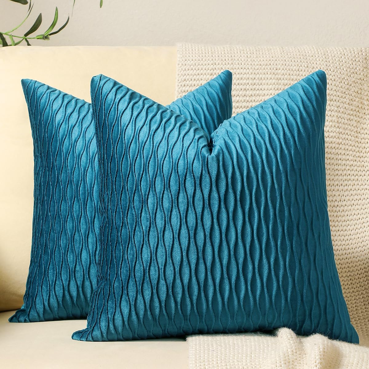 Turquoise Throw Pillow Cases 16x16: 2 Pack Inch Original Striped Velvet Square Decorative Pillow Covers for Farmhouse Couch
