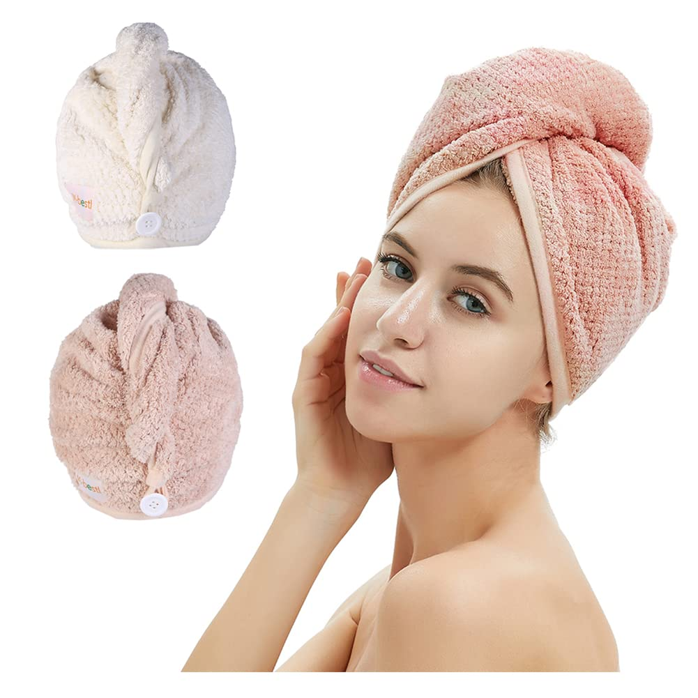 2-Pack Microfiber Hair Towel Wraps with Button – Pink & Beige