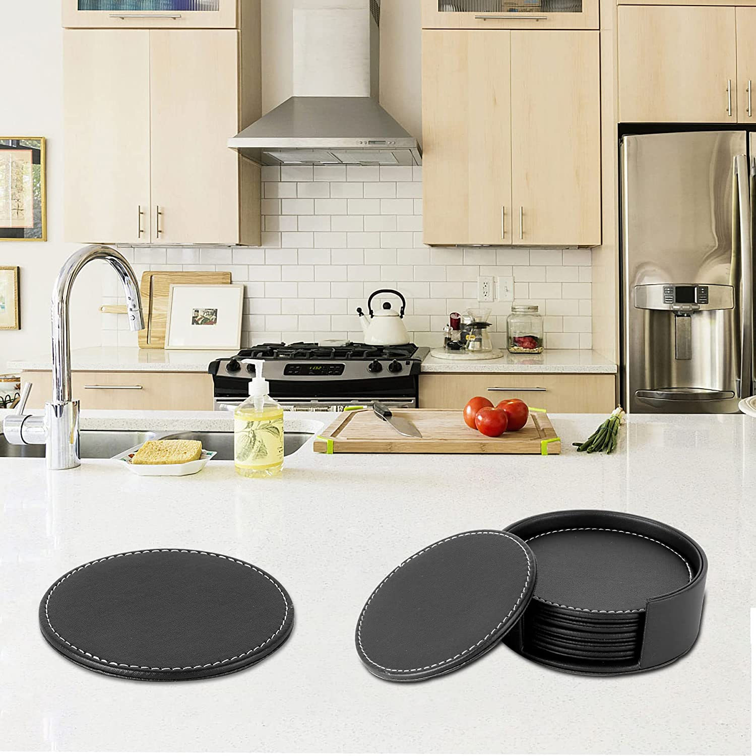 CARLWAY Set of 6 Leather Drink Coasters Round Cup Mat Pad for Home and Kitche... - Picture 8 of 13