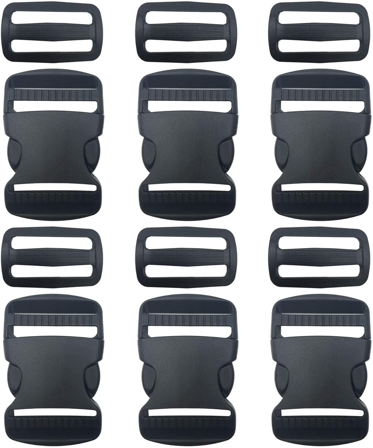 6 Set 1.5 Inch Flat Dual Adjustable Plastic Quick Side Release Plastic Buckles and Tri-Glide Slides for Luggage Straps Pet Collar Backpack Repairing (Black, Fit for 1.5”/38Mm Webbing Straps)