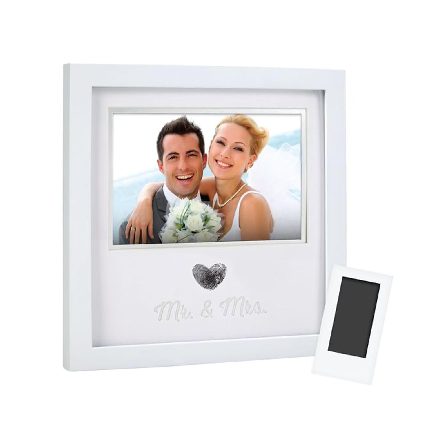 Heart Thumbprint Photo Frame and Ink Kit, Wedding Keepsake Registry or Reception Idea, Clean-Touch Pad Included, Bridal Shower Gift, Wall Mount or Tabletop Display, 4X6 Photo, White