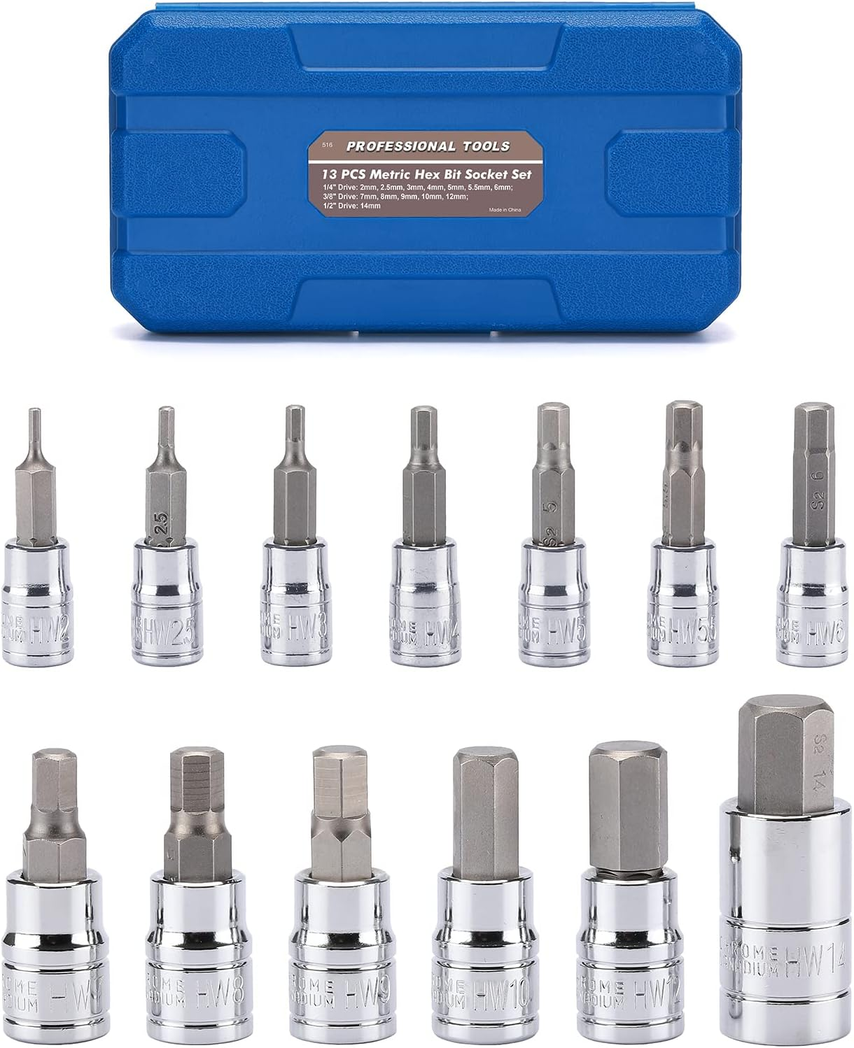 13PCS Metric Hex Bit Socket Set, CR-V Allen Bit Socket Kit, S2 Steel, 2mm - 14mm