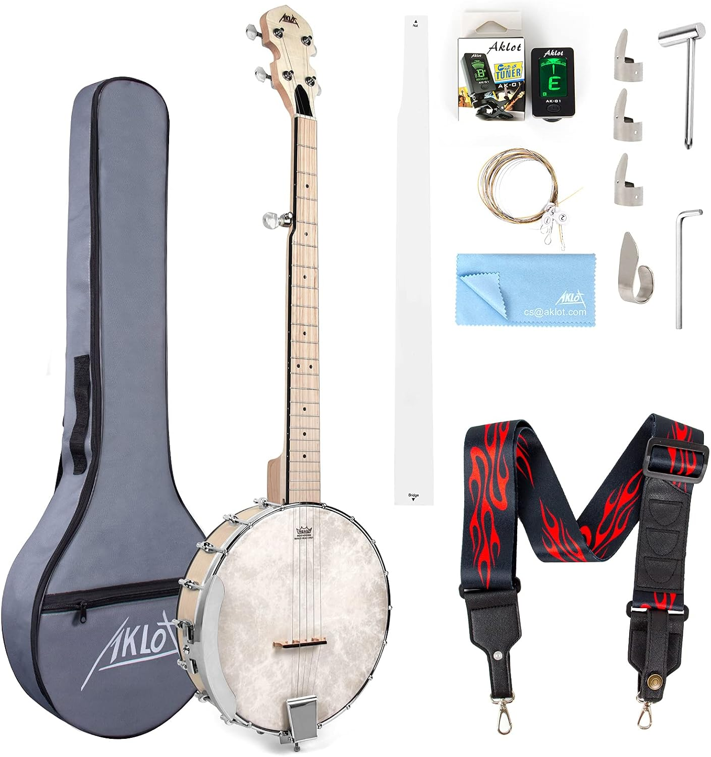 5 String Banjos Full Size Open Back Banjo Adjustable Maple Body Remo Head with 2 Tuning Wrench, 4 Picks, Strings, Tuner, Strap Ruler, Cleaning Cloth, Gig Bag for New Beginner Professional